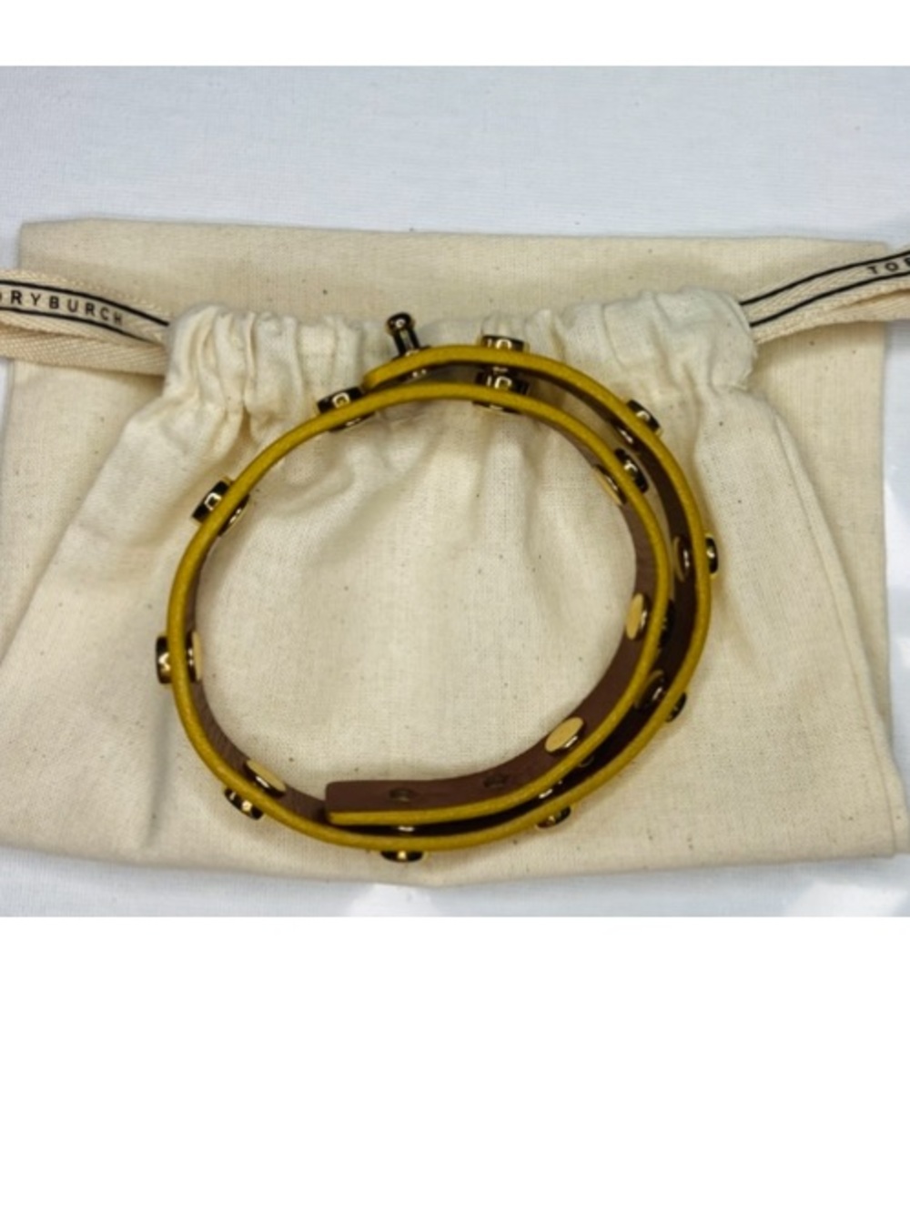 Tory Burch Metallic Gold Double Wrap Logo Stud Bracelet comes w pouch - Picture 4 of 5
